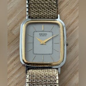 Seiko Rare Vintage Tank Watch Two-Tone Case Gray Dial Gold-Tone Stretch Bracelet